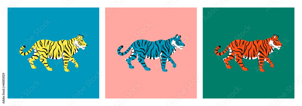 Tigers. A set of 3 hand-drawn illustrations. Abstract tiger stands sideways. Bright and colorful design for poster, print, logo, tattoo, postcard, publications. Flat style. Isolated, vector.