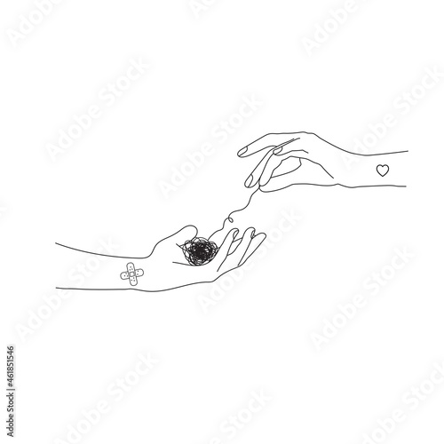 Mental health illustration with line ball and hands. Psychotherapy. Psychology support. Need help