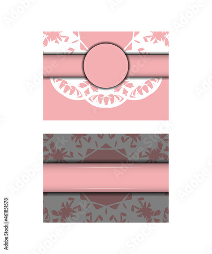 Greeting card template in pink color with Greek white pattern for your congratulations.