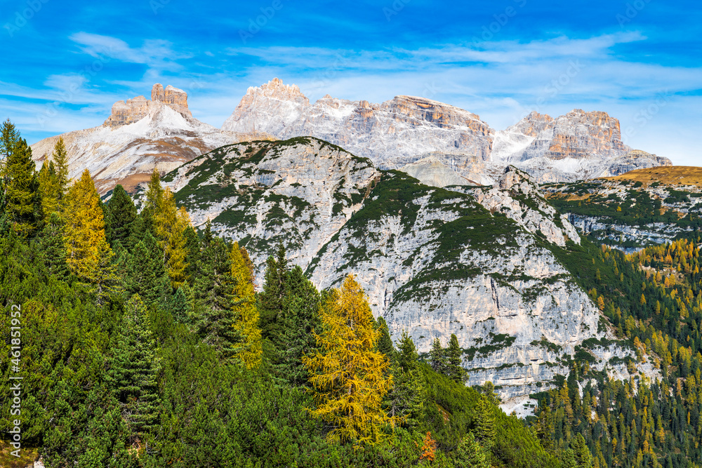 Autumn panorama on Monte Piana. View from the trenches to the three peaks of Lavaredo. Dolomites. Autumn panorama on Monte Piana. View from the trenches to the three peaks of Lavaredo. Dolomites.