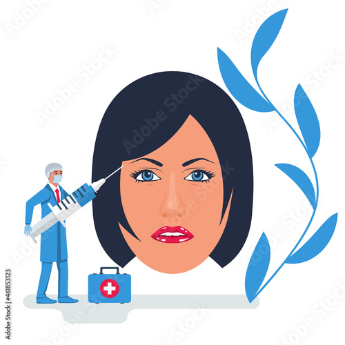 Injection for lips filling. Woman cares for the skin. Doctor makes the injection of filler in face. Remove wrinkles. Vector flat design. Beauty, cosmetology, anti-aging. Female rejuvenating.