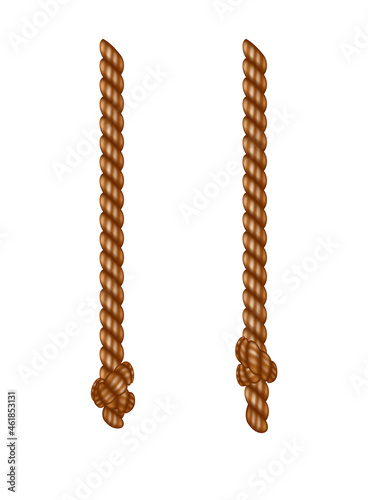 Isolated hanging ropes with tassels. Realistic knotted nautical thread. Nautical or marine vertical fiber. Hemp strings with brush and frayed knot. Textile tassel hang at rope