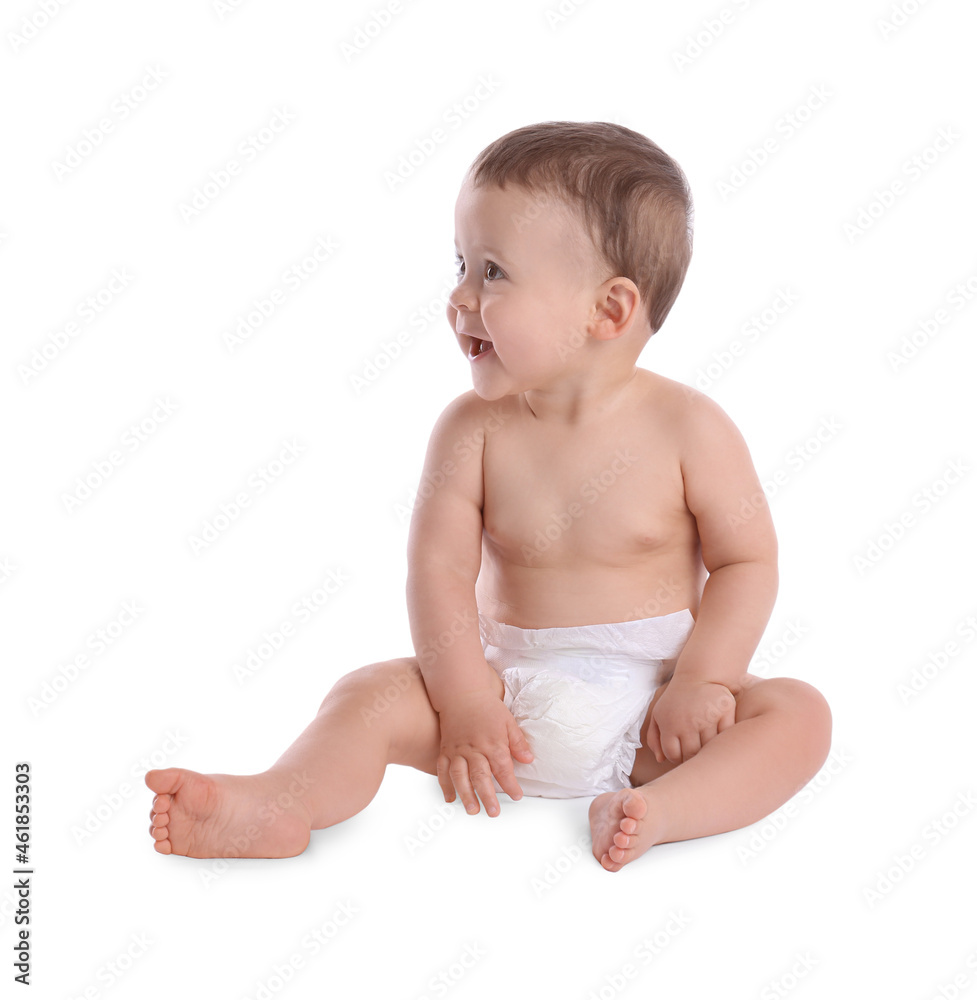 Cute baby in dry soft diaper sitting isolated on white Cute baby in dry soft diaper sitting isolated on white