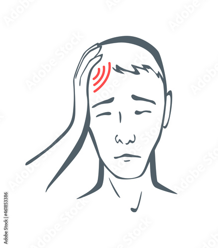 Body part pain. Man feels pain in head marked with red lines. Headache. Vector foci of pain or trauma symbols, grey art line illustration