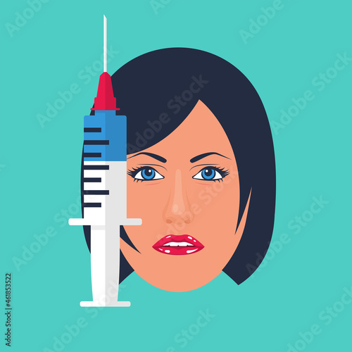 Mesotherapy icon. Beautiful female face and syringe. Vector illustration flat design. Isolated on white background. Woman face. Treatment skin.