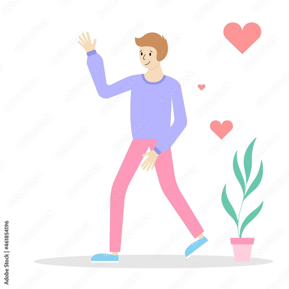 The boy waves his hand. Vector illustration in a flat style. Character for design. Flat people concept.