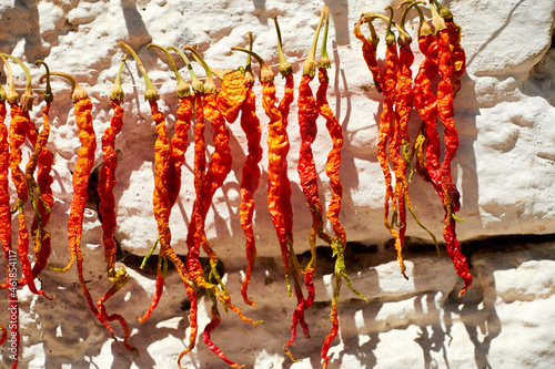 Peppers, chili peppers hanging in the sun to dry