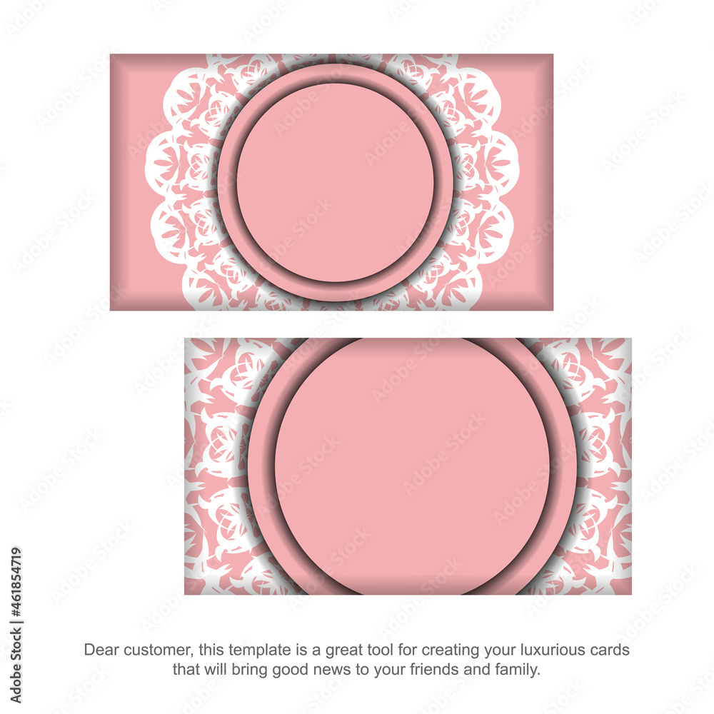 Business card template in pink with luxurious white ornaments for your contacts.