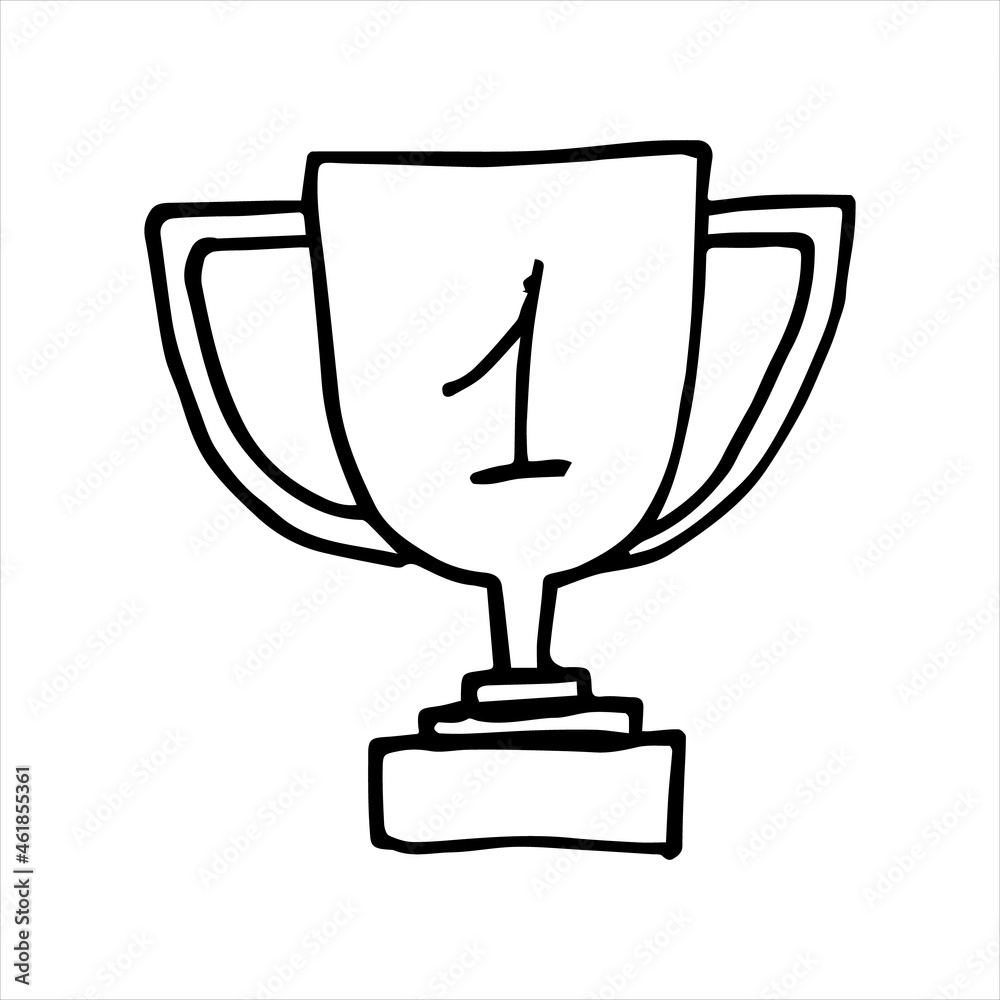 The cup for the first place. The winner's cup drawn in doodle style. Black outline on a white background. Reward. The design elements. Symbol of the winner in sports games. The cup for the first place. The winner's cup drawn in doodle style. Black outline on a white background. Reward. The design elements. Symbol of the winner in sports games.