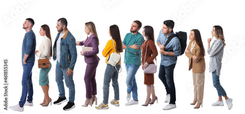 People waiting in queue on white background. Banner design photo
