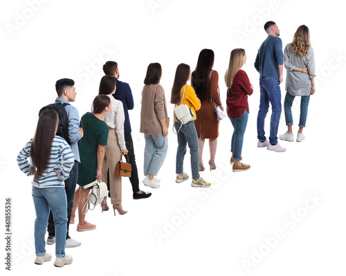 People waiting in queue on white background, back view photo
