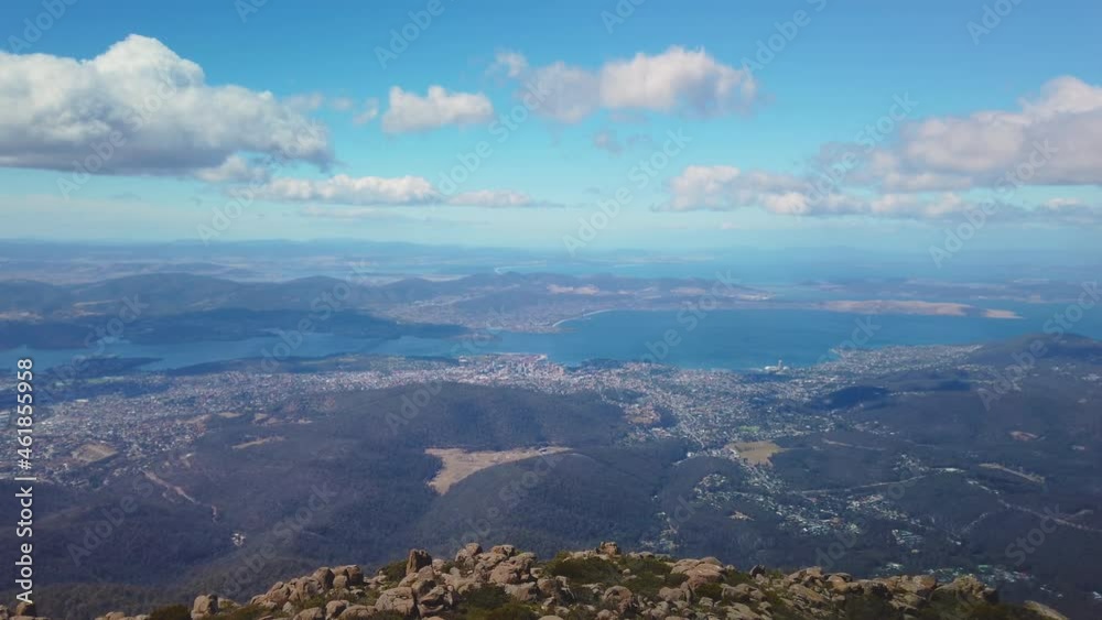 Locked off motion view of the city of Hobart on a sunny day from the lookout at the top of Mount Wellington,Hobart, Tasmania, Australia Locked off motion view of the city of Hobart on a sunny day from the lookout at the top of Mount Wellington,Hobart, Tasmania, Australia
