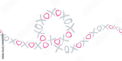 Grunge vector seamless pattern with XOXO hand written phrase, hearts isolated on white. Hugs and kisses sign. Modern ink calligraphy. Illustration design for Valentines Day, wedding invitation card