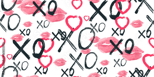 Grunge vector seamless pattern with XOXO hand written phrase, hearts isolated on white. Hugs and kisses sign. Modern ink calligraphy. Illustration design for Valentines Day, wedding invitation card