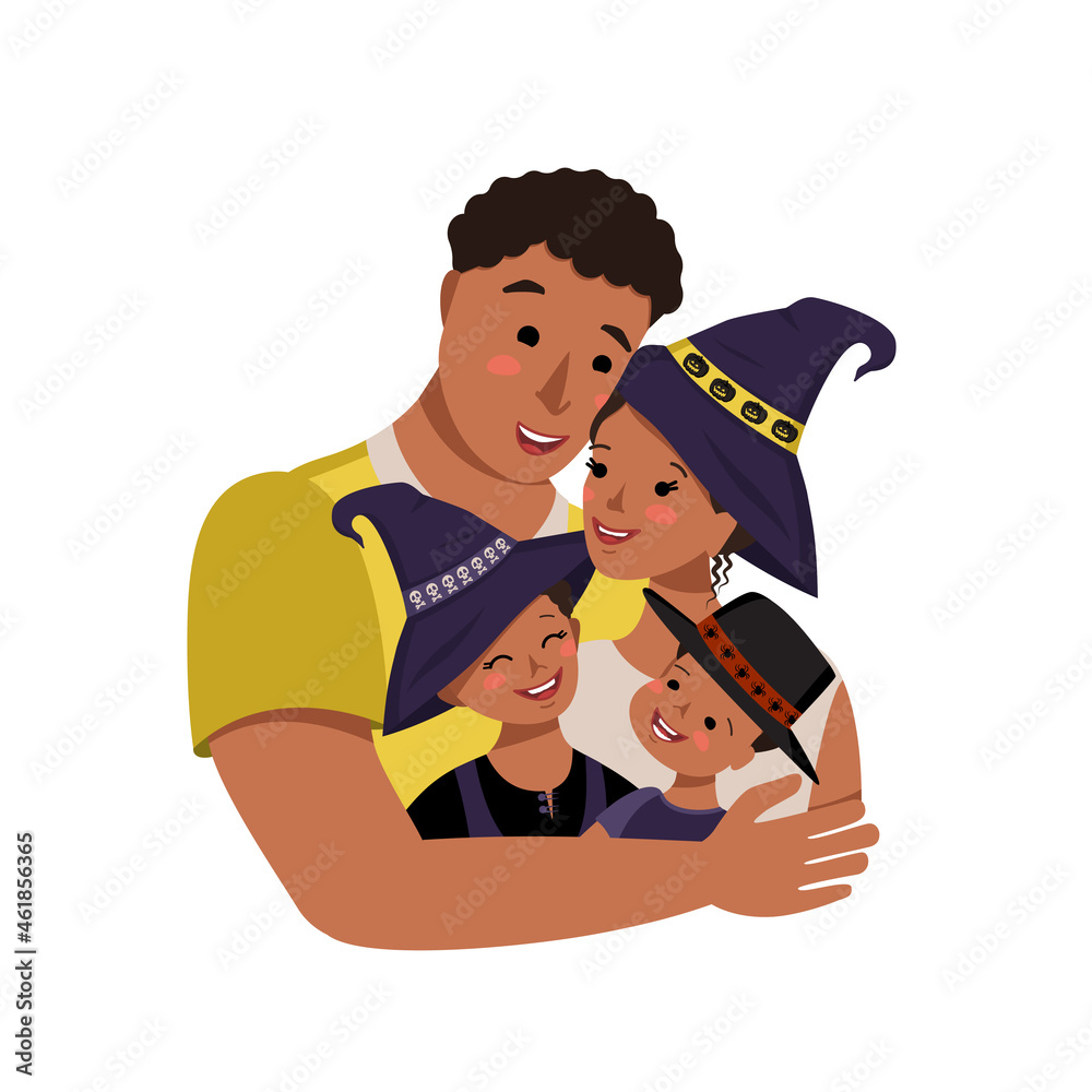 Happy African American family in Halloween costumes. Dad, mom, daughter and son in witch hats with skulls, pumpkins and spiders for autumn carnival