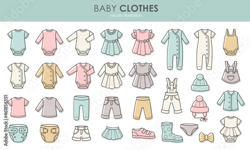 Newborn. Baby clothes icons set. Clothing for boy and girl. Isolated vector illustration on white background.