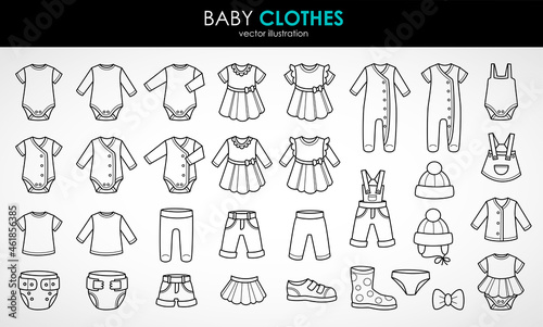 Newborn. Baby clothes icons set. Clothing for boy and girl. Isolated vector illustration on white background.