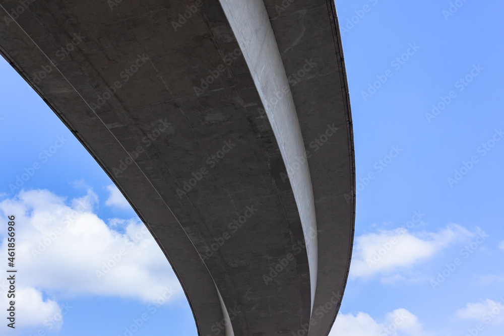 Highway Road Vehicle Concrete Ramp Overpass Section Close Upward Blue Sky. Highway Road Vehicle Concrete Ramp Overpass Section Close Upward Blue Sky.