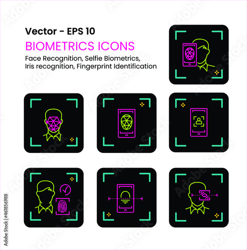 Biometrics Icons, Face Recognition, Iris recognition, Fingerprint Recognition, Identification