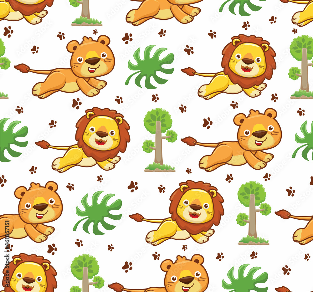 Seamless pattern vector of lion cartoon illustration with trees, leaves and trail