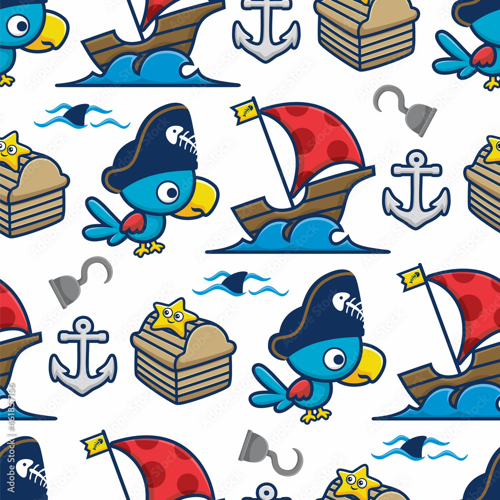 Seamless pattern vector of bird wearing pirate costume with pirates elements
