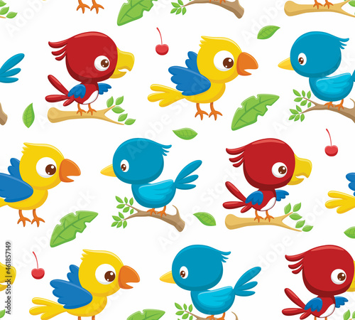 Seamless pattern vector of colorful birds perch on tree branches