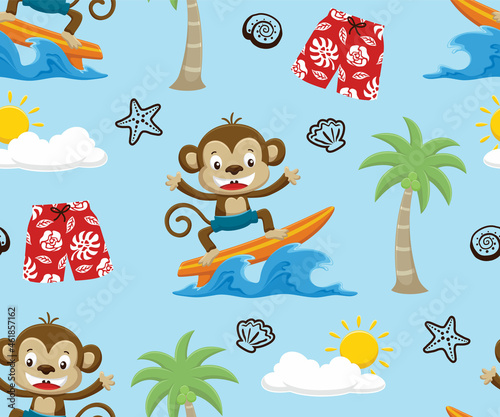 Seamless pattern vector of monkey cartoon surfing with summer beach vacation element