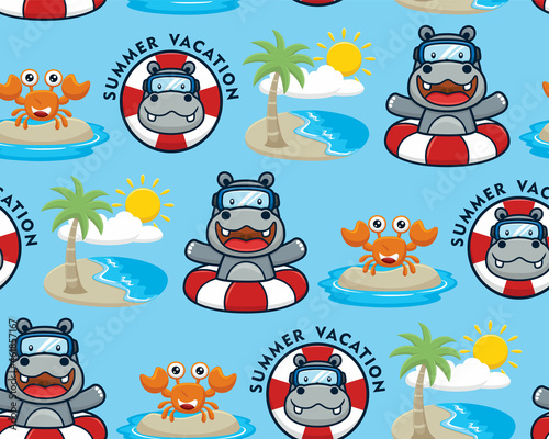 Seamless pattern vector of hippo cartoon in summer beach holiday elements