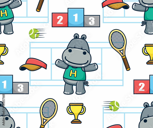 Seamless pattern vector of hippo cartoon with court tennis sport elements