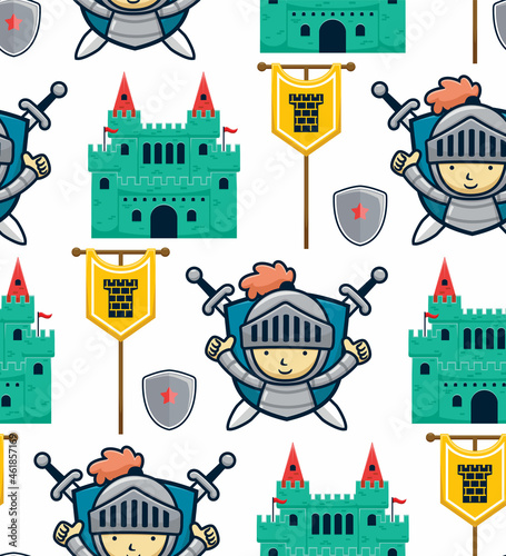 Seamless pattern vector of knight cartoon with medieval elements
