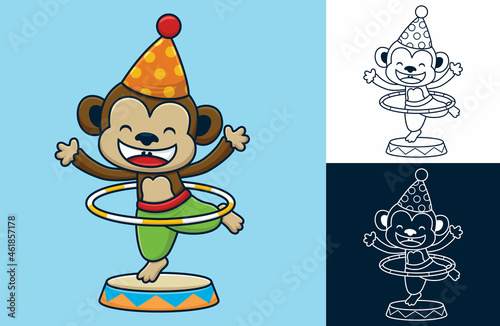 Funny monkey hula hoop with cone hat. Vector cartoon illustration in flat icon style