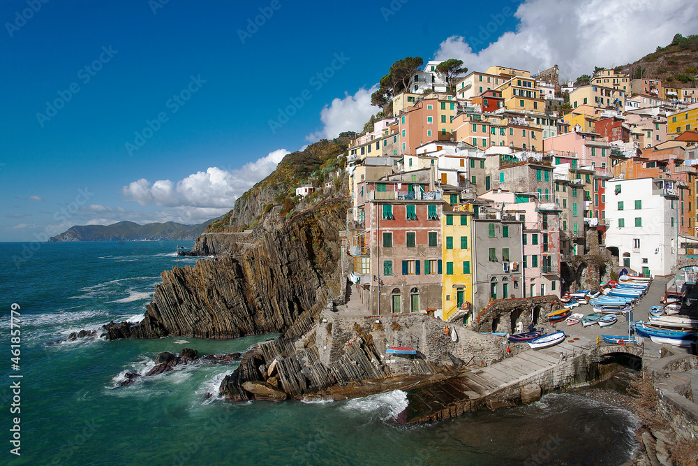 Stunning view of the colourful costal village of Riomaggiore part of 