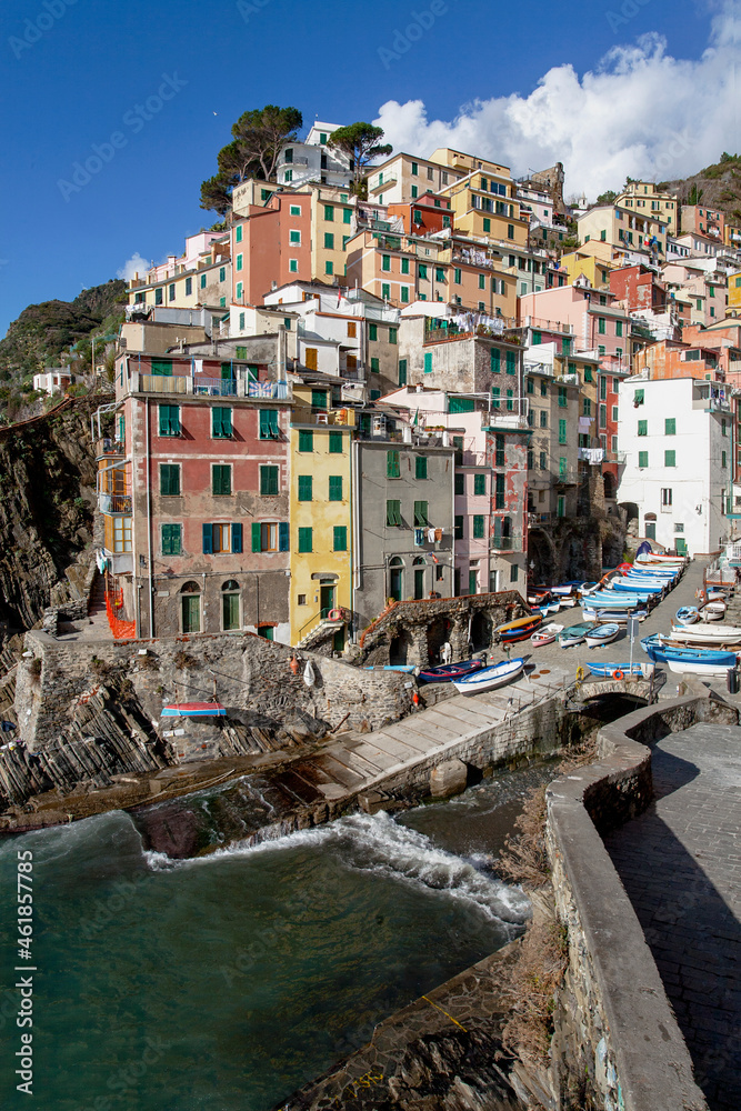 Stunning view of the colourful costal village of Riomaggiore part of 