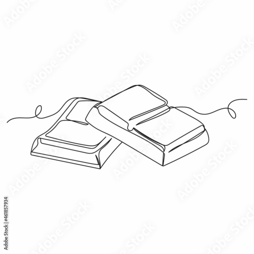 Continuous one line drawing of pieces of smooth chocolate bar in silhouette on a white background. Linear stylized.