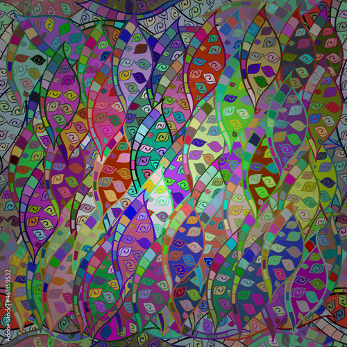 Seamless pattern with interesting doodles on colorfil background. Vector illustration.