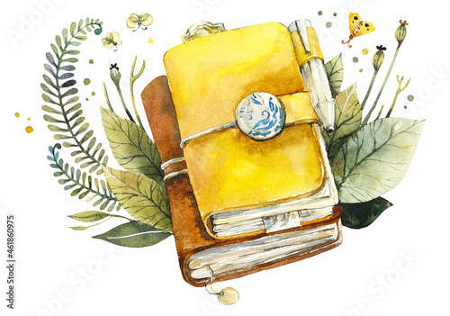Travelbook Nature. Notebook and twigs, leaves, flowers. Cheerful mood! Set of trevelbook. Watercolor hand drawn illustration	 photo
