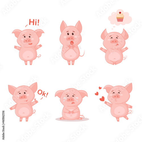 Set of Cute Pigs. Collection of funny pig emoticon characters in different emotions.