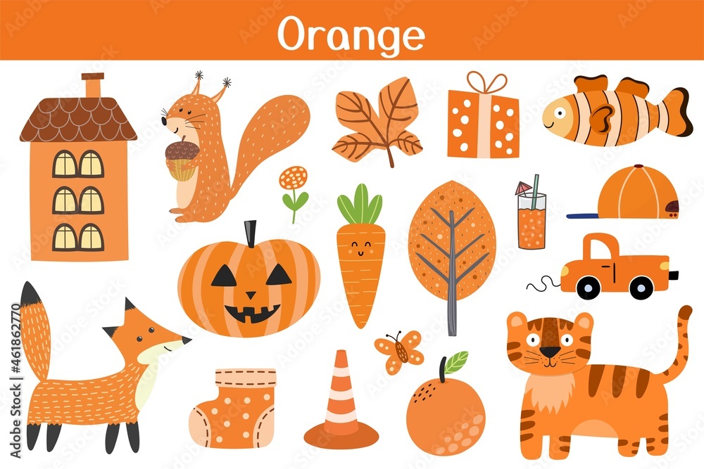 Orange color objects set. Learning colors for kids. Cute elements