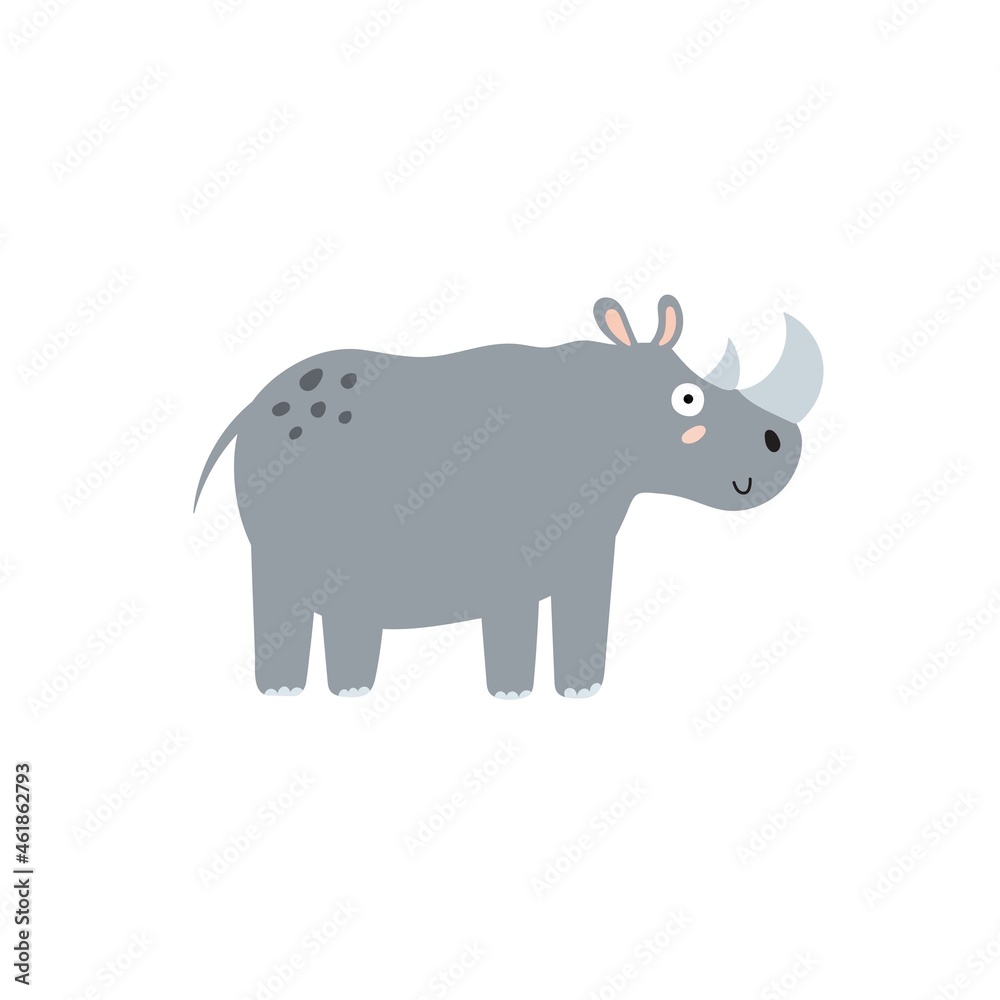 Cute rhinoceros in cartoon style isolated element. Print with a rhino for kids. Vector illustration
