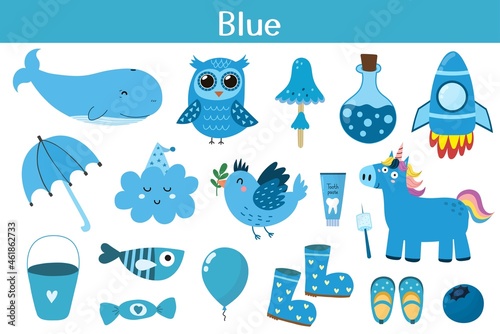 Blue color objects set. Learning colors for kids. Cute elements collection. Educational background. Vector illustration