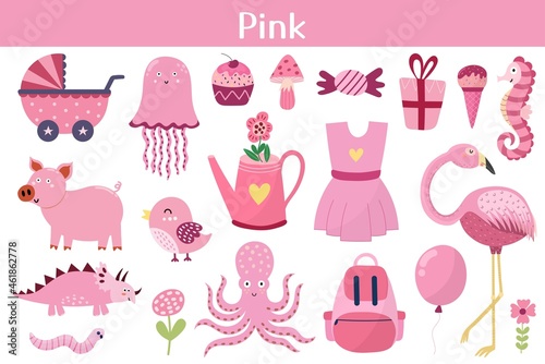 Pink color objects set. Learning colors for kids. Cute elements collection.  Educational background. Vector illustration Stock Vector