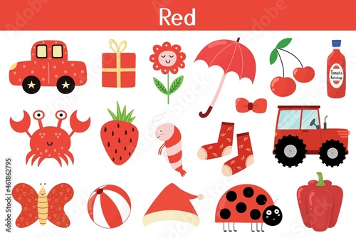Red color objects set. Learning colors for kids. Cute elements collection. Educational background. Vector illustration