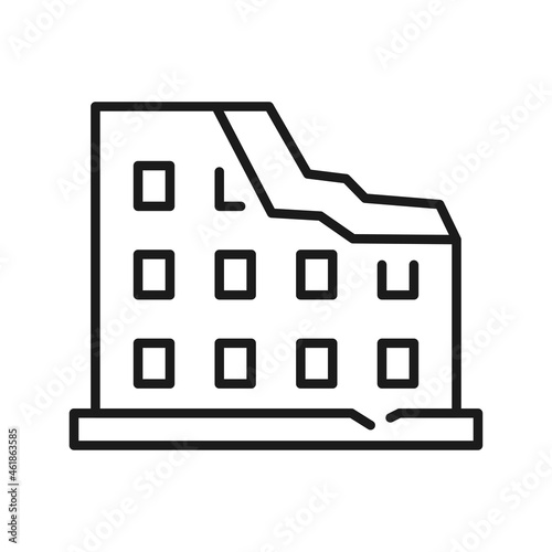 Monochrome destroyed building line icon vector illustration. Linear damage destruction effect