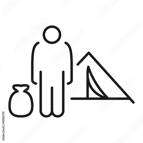 Homeless with sack of things camp tent line icon vector illustration refugee forced country leaving