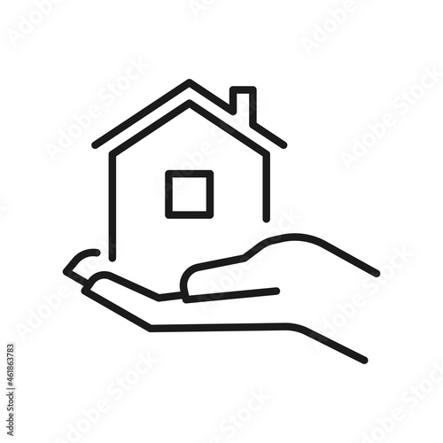 Housing provision concept monochrome line icon vector illustration. Human hand hold house