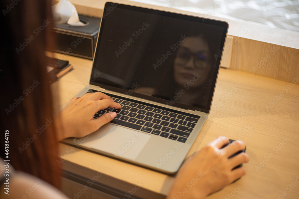 Back view of woman talk with partner using video call on laptop. Back view of woman talk with partner using video call on laptop.