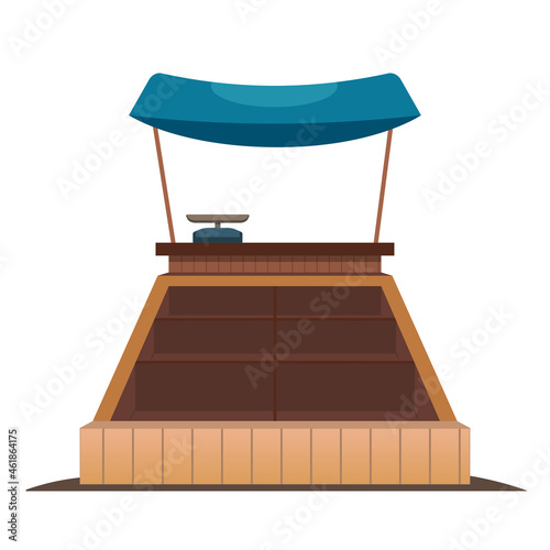 Traditional market empty wooden food stall with canopy, with scales. Flat style vector illustration