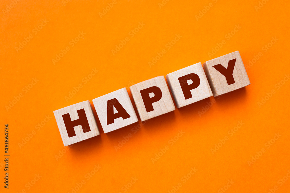 Obraz premium Happy Word Written on Wooden Cubes