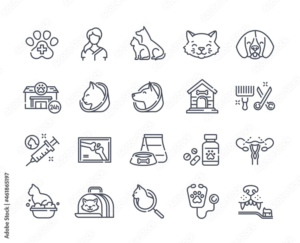 Veterinerian icons set. Minimalistic stickers with cat, dog, pet medicines and animal food. Design elements for pet stores and applications. Cartoon flat vector collection isolated on white background