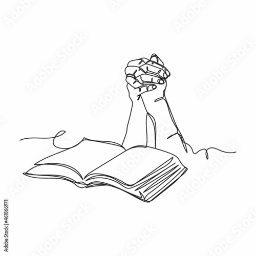 Continuous one line drawing of religious hand praying with bible in silhouette on a white background. Linear stylized.